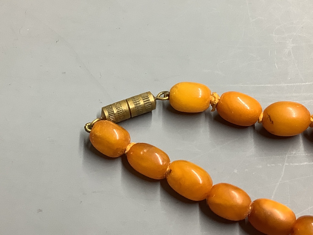 Two single strand graduated oval amber bead necklaces, 60cm & 42cm, gross weight 60 grams.